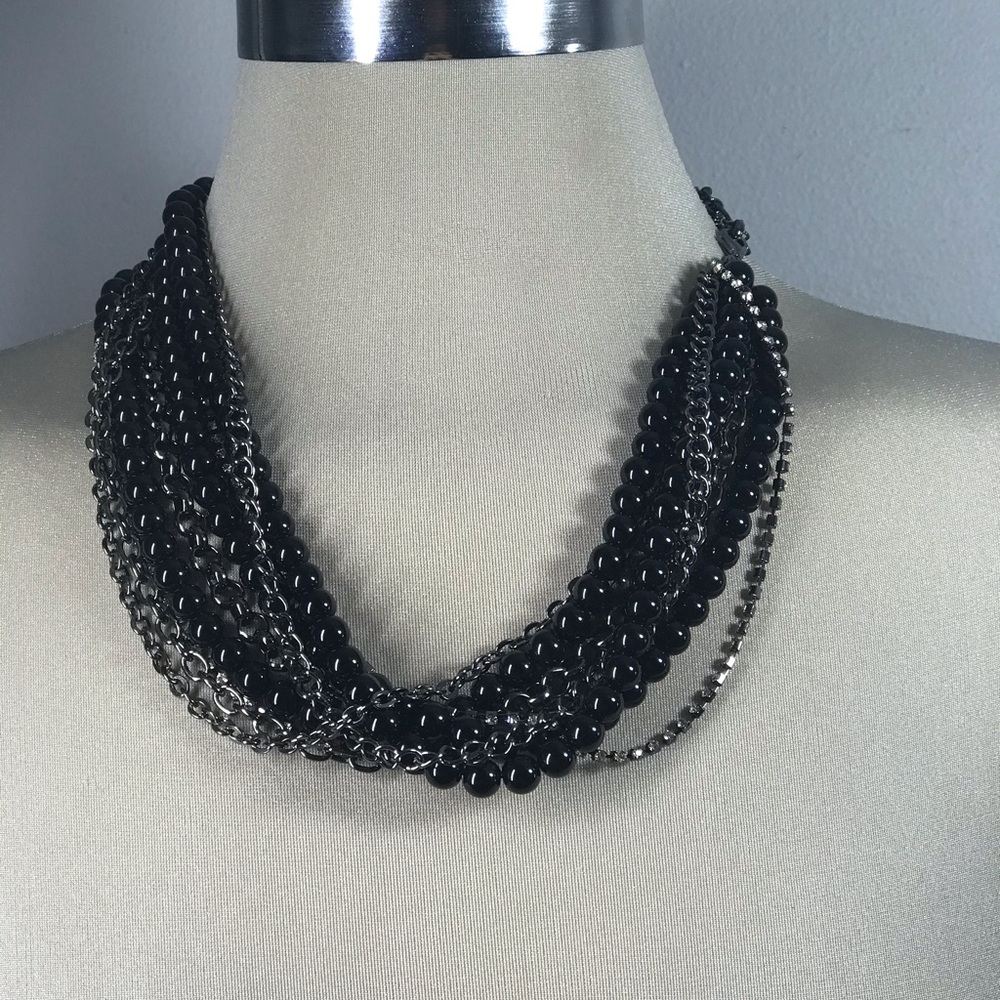 Multi Layered Black Beads Silver Chain and Rhinestone Beautiful Necklace